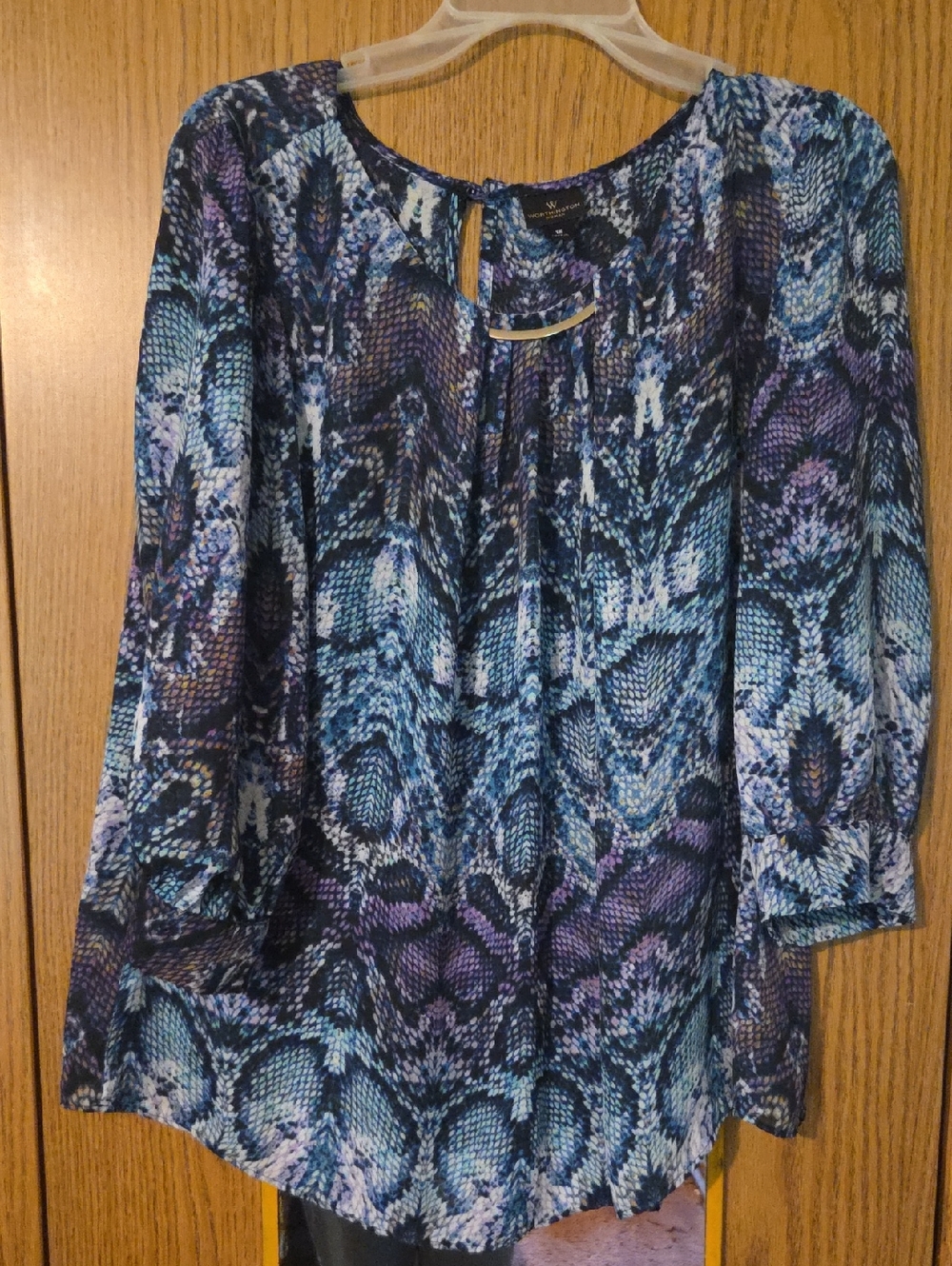 Worthington Woman Blue, Purple & Aqua Patterned Blouse with Decorative Metal Bar
